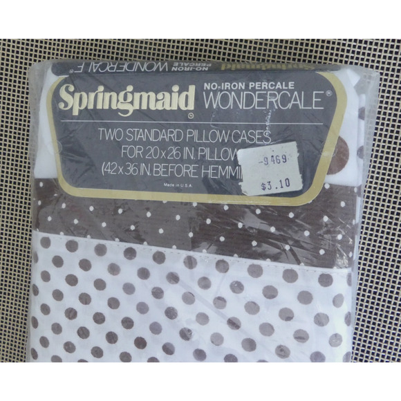NOS Springmaid Standard Vintage Pillowcases Brown Polka Dot White Pillow in Pkg - Picture 2 of 4